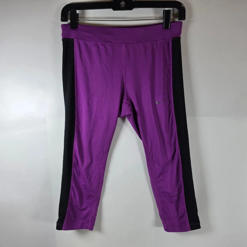 Nike Dri-FIT Womens Purple Black Cropped Running Leggings Zipper Pocket Size‎ S